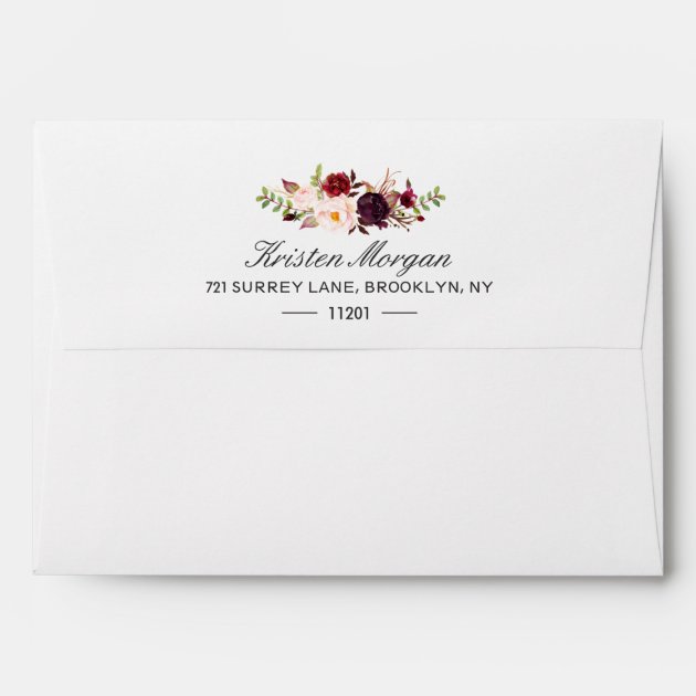 Burgundy Marsala Chic Red Floral & Return Address Envelope