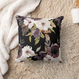 Burgundy Marsala Cream Watercolor Floral Black Throw Pillow