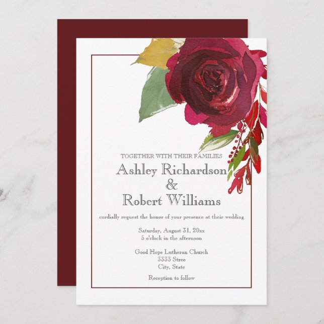 Burgundy Marsala Deep Red Rose Wedding Invitation (Front/Back)