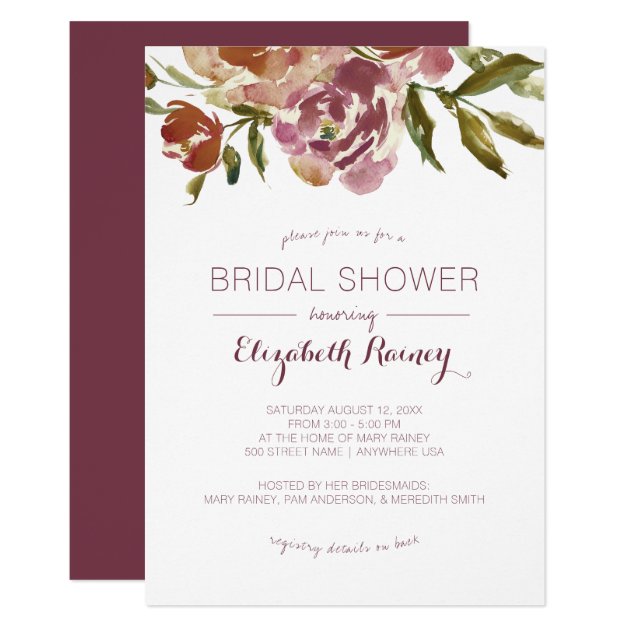 Burgundy Marsala Fall Floral Bridal Shower Invitation