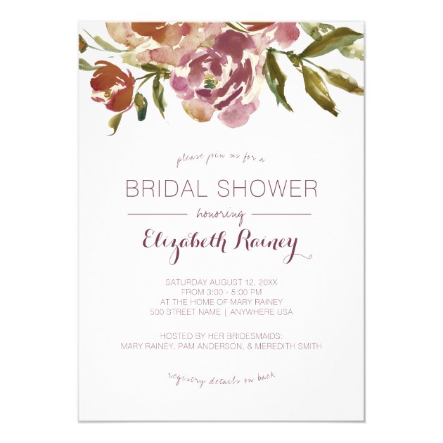 Burgundy Marsala Fall Floral Bridal Shower Invitation