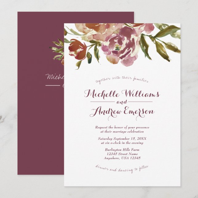 Burgundy Marsala Fall Floral Wedding Invitation (Front/Back)
