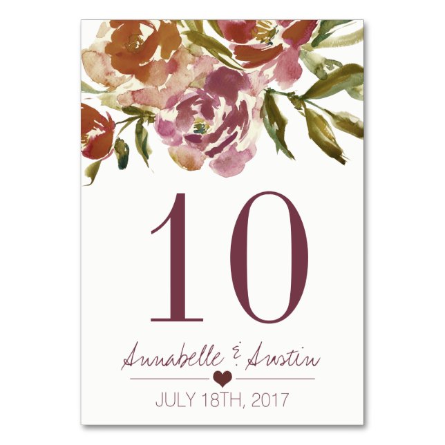 Burgundy Marsala Fall Floral Wedding Table Card (Front)