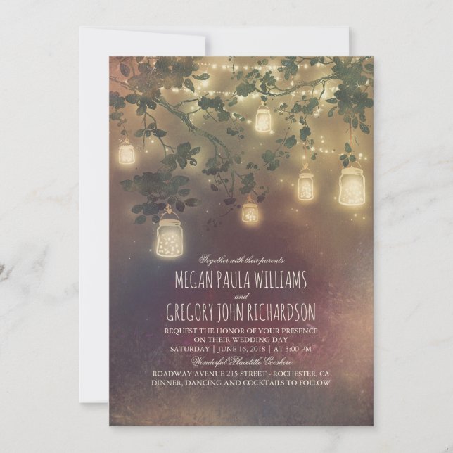 Burgundy Marsala Fall Mason Jar Lights Wedding Invitation (Front)