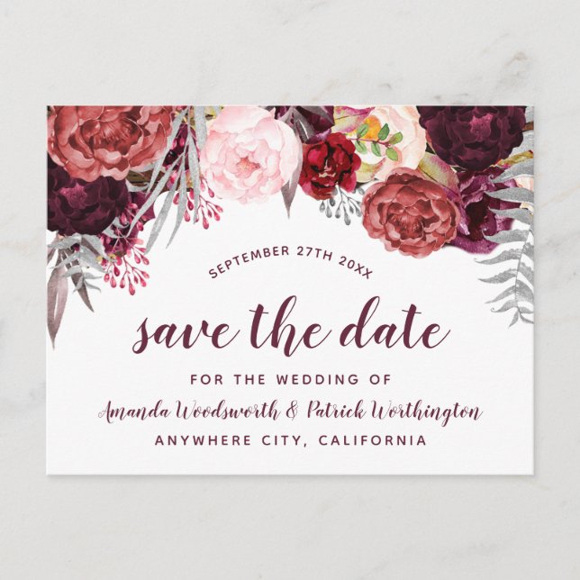 Burgundy Marsala Fall Peony Save The Date Cards (Front)
