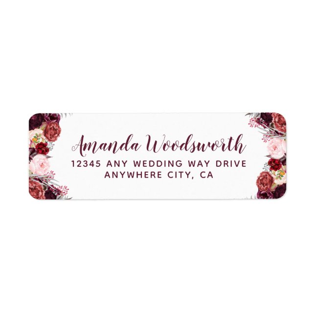 Burgundy Marsala Fall Peony Wedding Address Labels (Front)