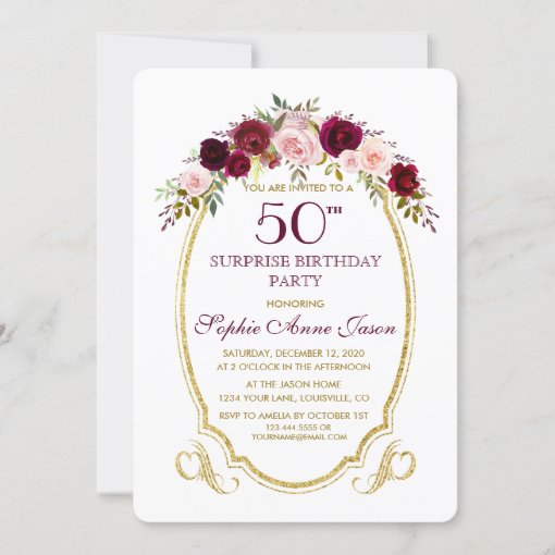 Burgundy Marsala Floral 50th Surprize Birthday Invitation | Zazzle