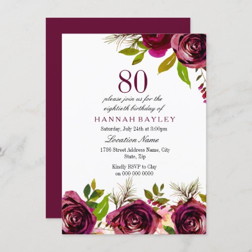 Burgundy Marsala Floral 80th Birthday Invite