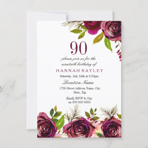 Burgundy Marsala Floral 90th Birthday Invite