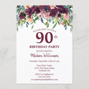 Burgundy Marsala Floral 90th Birthday Party Invitation