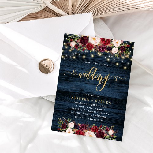 Burgundy Marsala Floral and Navy Blue Wedding Invi Invitation