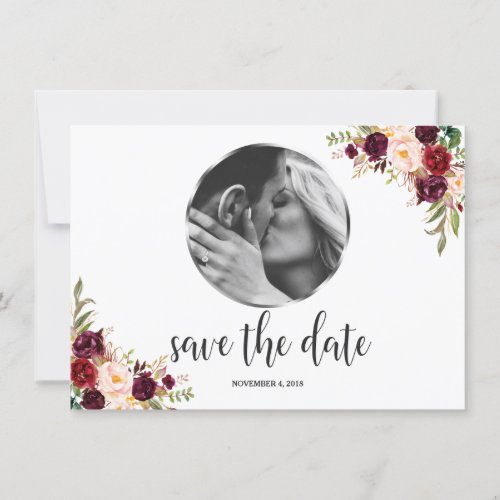 Burgundy Marsala Floral Antler Photo Save The Date