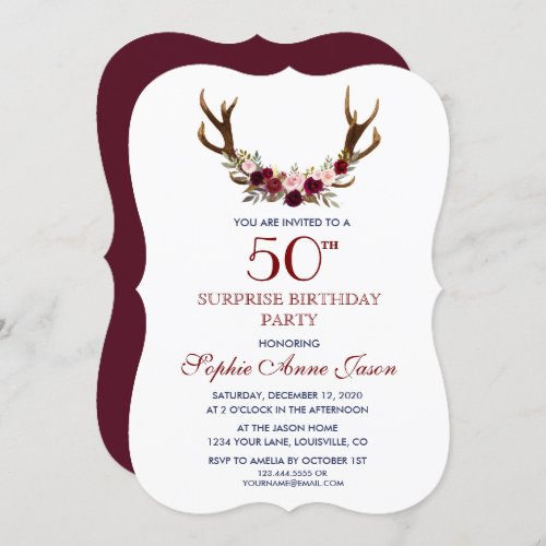 Burgundy Marsala Floral Antlers 50th Birthday Invitation
