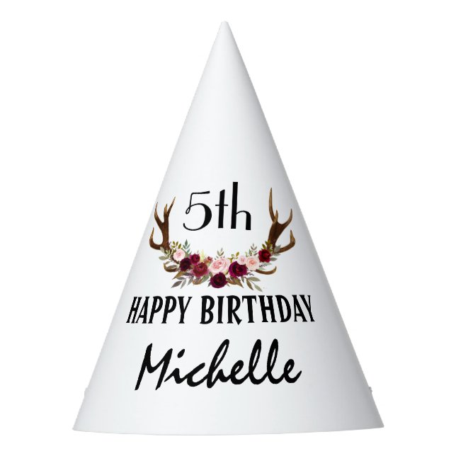 Burgundy Marsala Floral Antlers 5th Birthday Party Hat (Front)