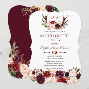Burgundy Marsala Floral Antlers Bachelorette Party Invitation