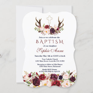 Burgundy Marsala Floral Antlers Baptism Invitation