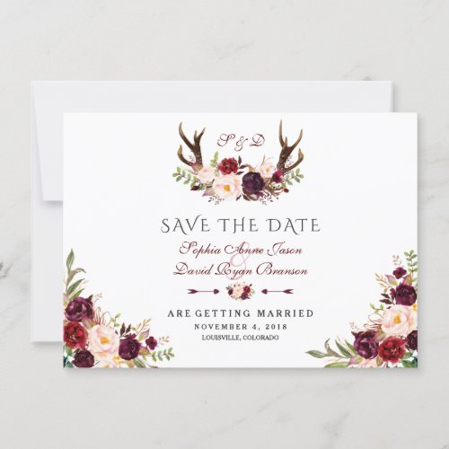 Burgundy Marsala Floral Antlers Blue Save The Date