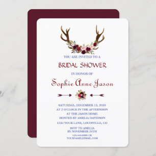 Burgundy Marsala Floral Antlers Bridal Shower Invitation