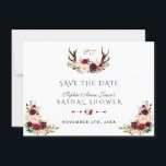 Burgundy Marsala Floral Antlers Bridal Shower Save The Date<br><div class="desc">Rustic Burgundy Red Blush Floral Antlers Monogram card design featuring gorgeous watercolour floral bouquets,  arrows with hearts and floral bouquet as a divider; on the back charming watercolour floral bouquet. Use Personalize tool to add your info. For matching items,  please,  visit my Burgundy Blush Marsala Floral Antlers Collection.</div>