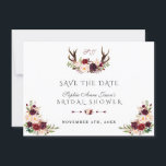 Burgundy Marsala Floral Antlers Bridal Shower Save The Date<br><div class="desc">Rustic Burgundy Red Blush Floral Antlers Monogram card design featuring gorgeous watercolour floral bouquets,  arrows with hearts and floral bouquet as a divider; on the back charming watercolour floral bouquet. Use Personalize tool to add your info. For matching items,  please,  visit my Burgundy Blush Marsala Floral Antlers Collection.</div>