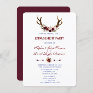 Burgundy Marsala Floral Antlers Engagement Party Invitation