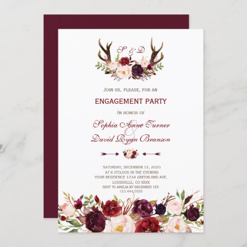 Burgundy Marsala Floral Antlers Engagement Party Invitation