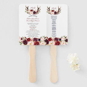 Burgundy Marsala Floral Antlers Monogram Program Hand Fan