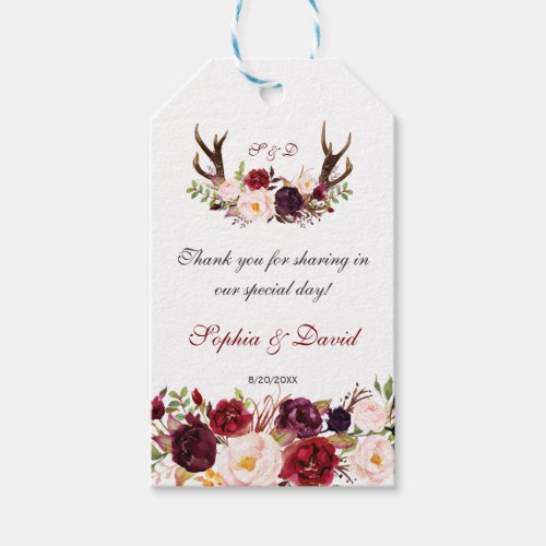 Burgundy Marsala Floral Antlers Monogram Wedding Gift Tags