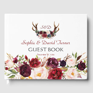 Burgundy Marsala Floral Antlers Monogram Wedding Guest Book