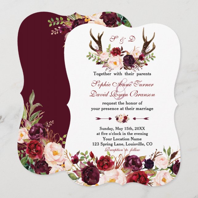 Burgundy Marsala Floral Antlers Monogram Wedding Invitation (Front/Back)