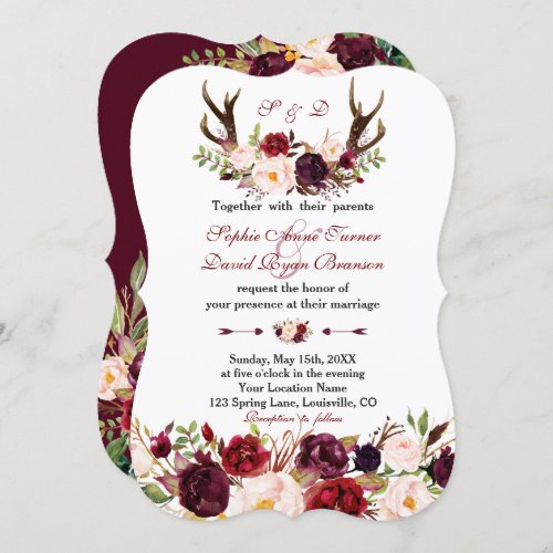 Burgundy Marsala Floral Antlers Monogram Wedding Invitation