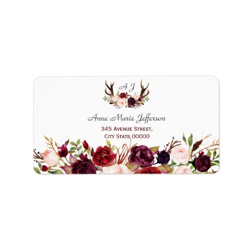 Burgundy Marsala Floral Antlers Monogram Wedding Label