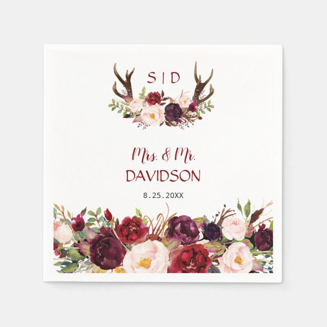 Burgundy Marsala Floral Antlers Monogram Wedding Napkins (Front)