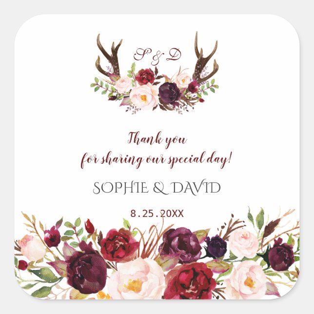 Burgundy Marsala Floral Antlers Monogram Wedding Square Sticker (Front)