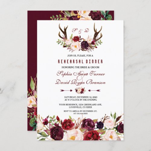 Burgundy Marsala Floral Antlers Rehearsal Dinner Invitation