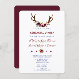 Burgundy Marsala Floral Antlers Rehearsal Dinner Invitation