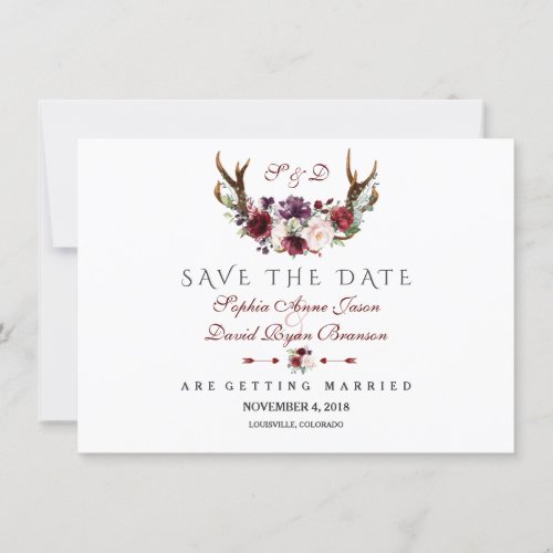 Burgundy Marsala Floral Antlers Save The Date