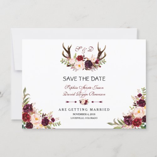 Burgundy Marsala Floral Antlers Save The Date