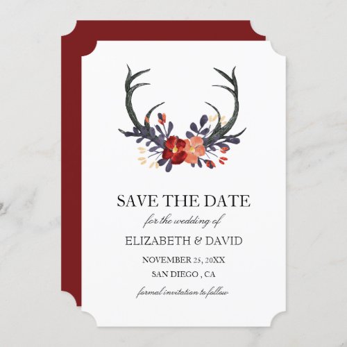 Burgundy Marsala Floral Antlers Save The Date Card