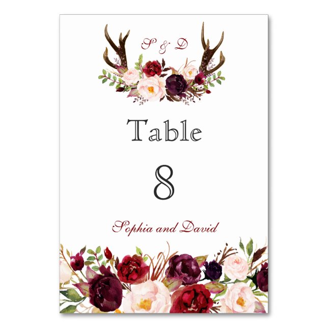Burgundy Marsala Floral Antlers Table Number (Front)