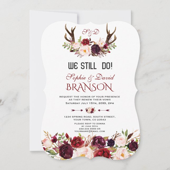 Burgundy Marsala Floral Antlers WE STILL DO Invitation (Front)