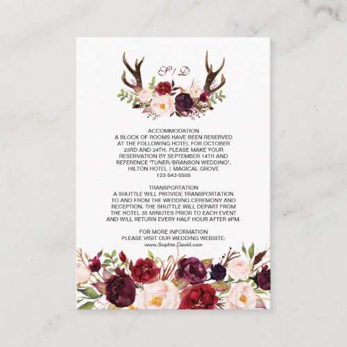 Burgundy Marsala Floral Antlers Wedding Details Enclosure Card