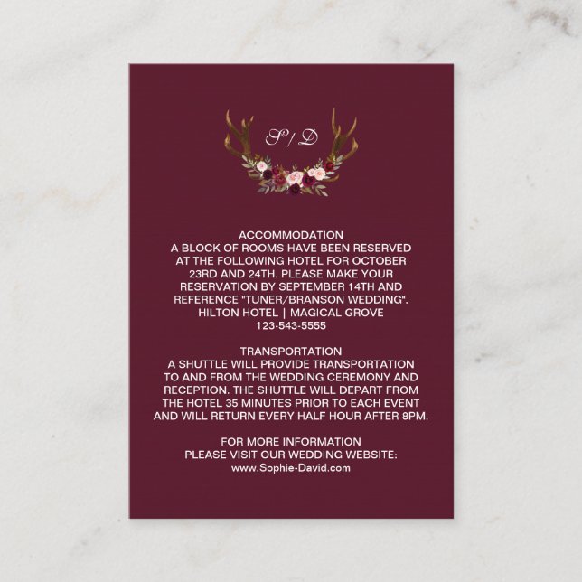 Burgundy Marsala Floral Antlers Wedding Details Enclosure Card (Front)