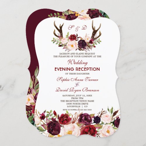 Burgundy Marsala Floral Antlers Wedding Evening Invitation