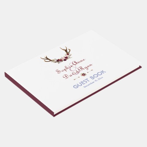 Burgundy Marsala Floral Antlers Wedding Guest Book