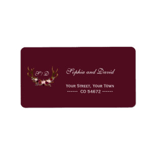 Burgundy Marsala Floral Antlers Wedding Label