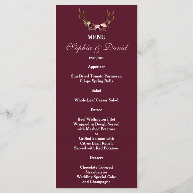 Burgundy Marsala Floral Antlers Wedding Menu (Front)