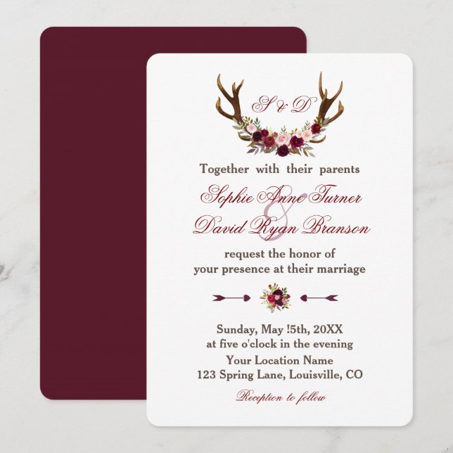 Burgundy Marsala Floral Antlers Wedding Monogram Invitation (Front/Back)