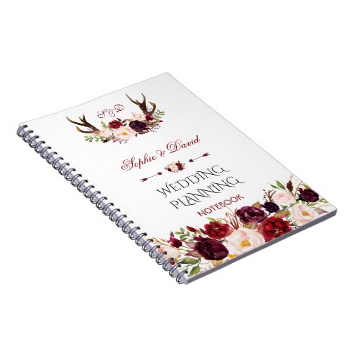 Burgundy Marsala Floral Antlers Wedding Planner Notebook