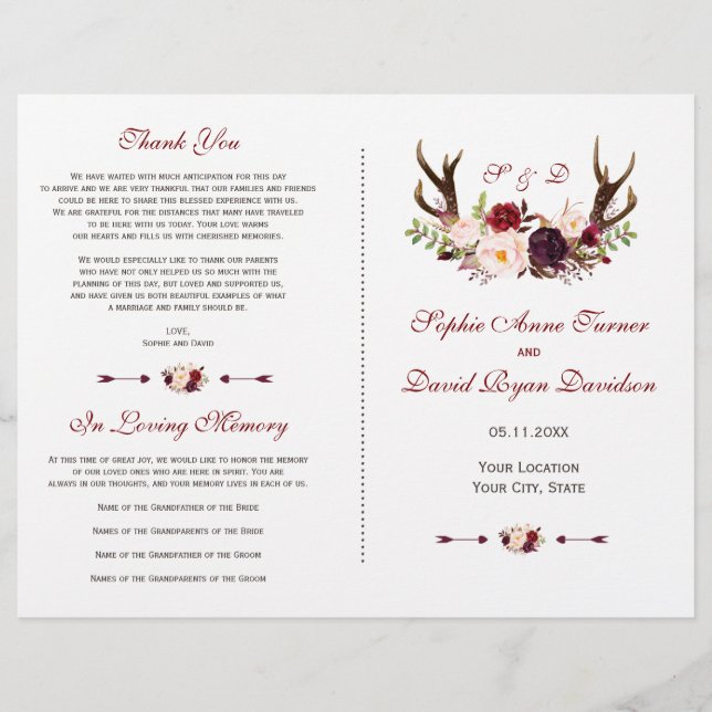 Burgundy Marsala Floral Antlers Wedding Program (Front)